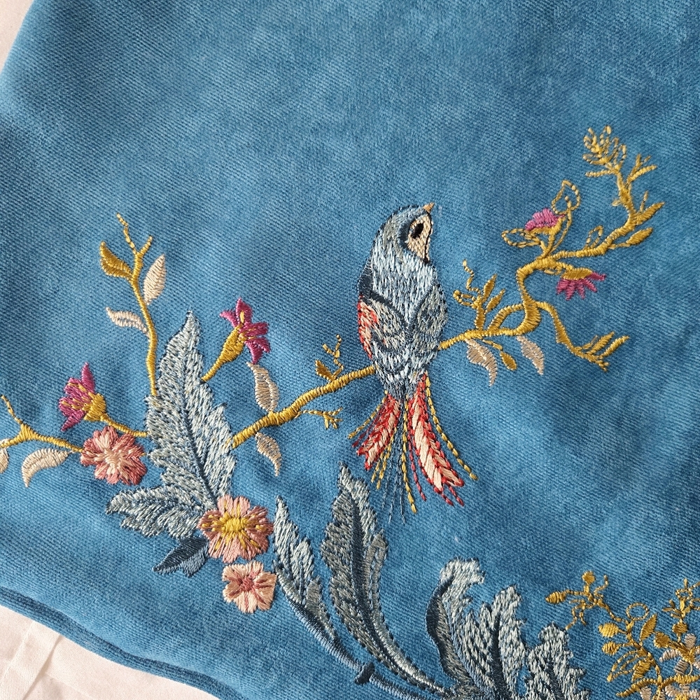 Handmade Blue Intricate Floral Bird Square Pillowcase - Picture 4 of 7
